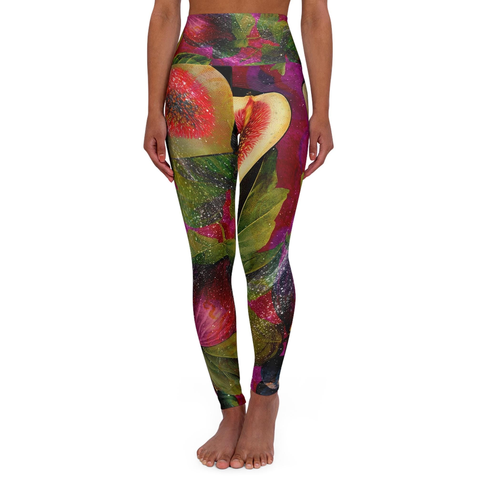 Fig Print Yoga Leggings High Waisted, Colorful Botanical Activewear for Women, Artistic Fitness Pants, Vibrant Fruit Pattern Gift