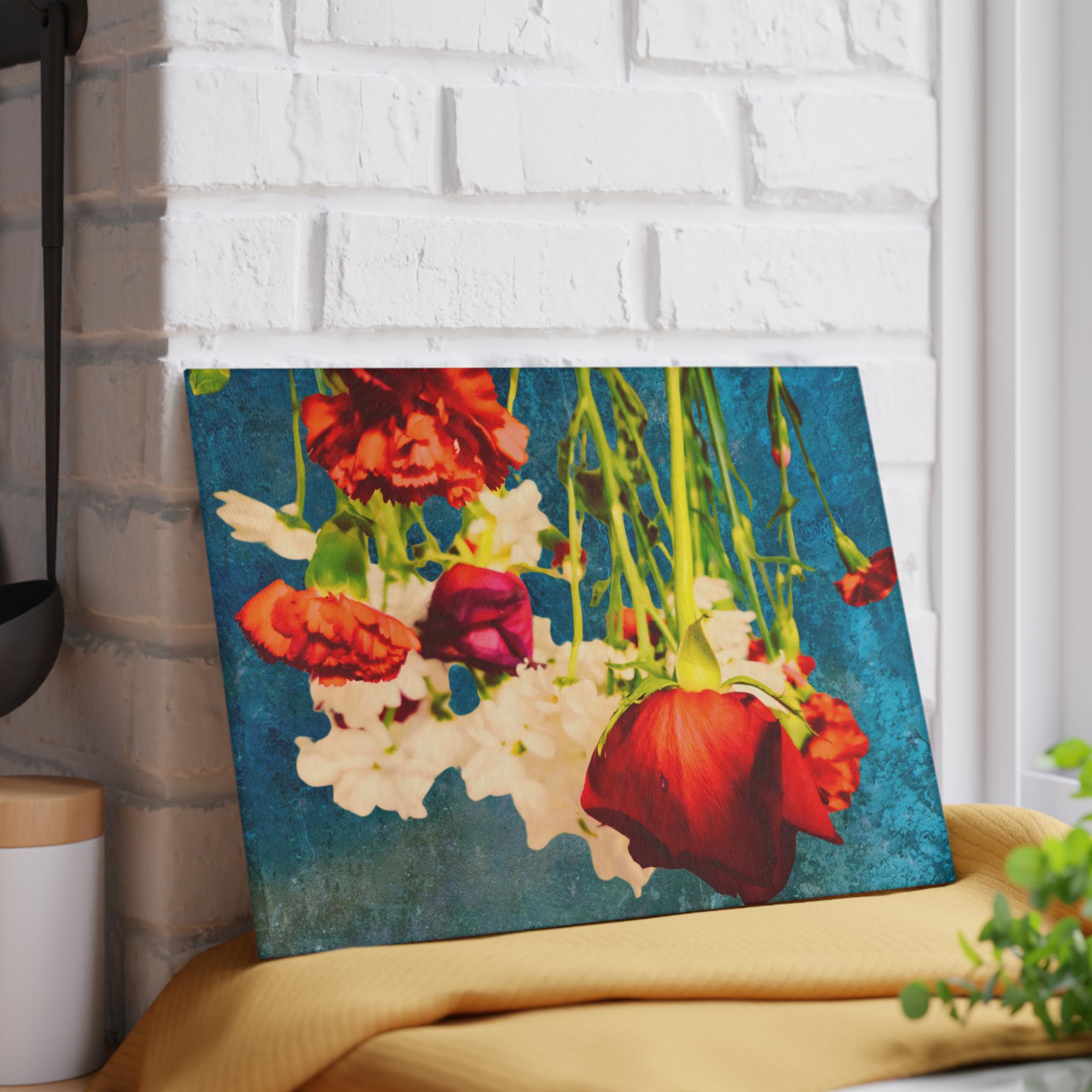 Botanical Glass Cutting Board Kitchen Art, Bold Floral Chopping Block, Retro Foodie Gift