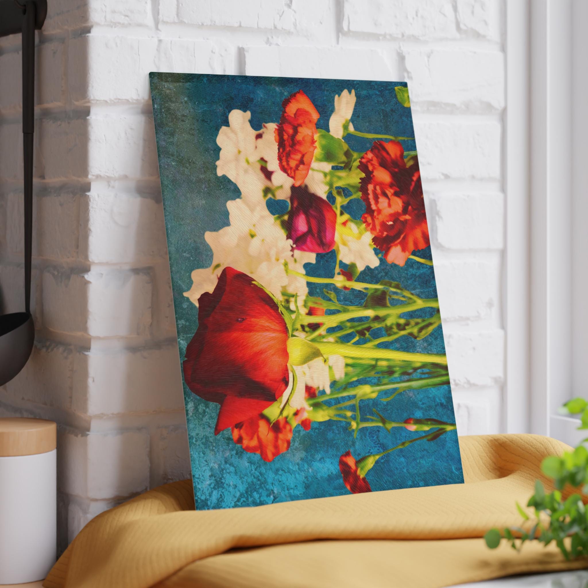 Botanical Glass Cutting Board Kitchen Art, Bold Floral Chopping Block, Retro Foodie Gift