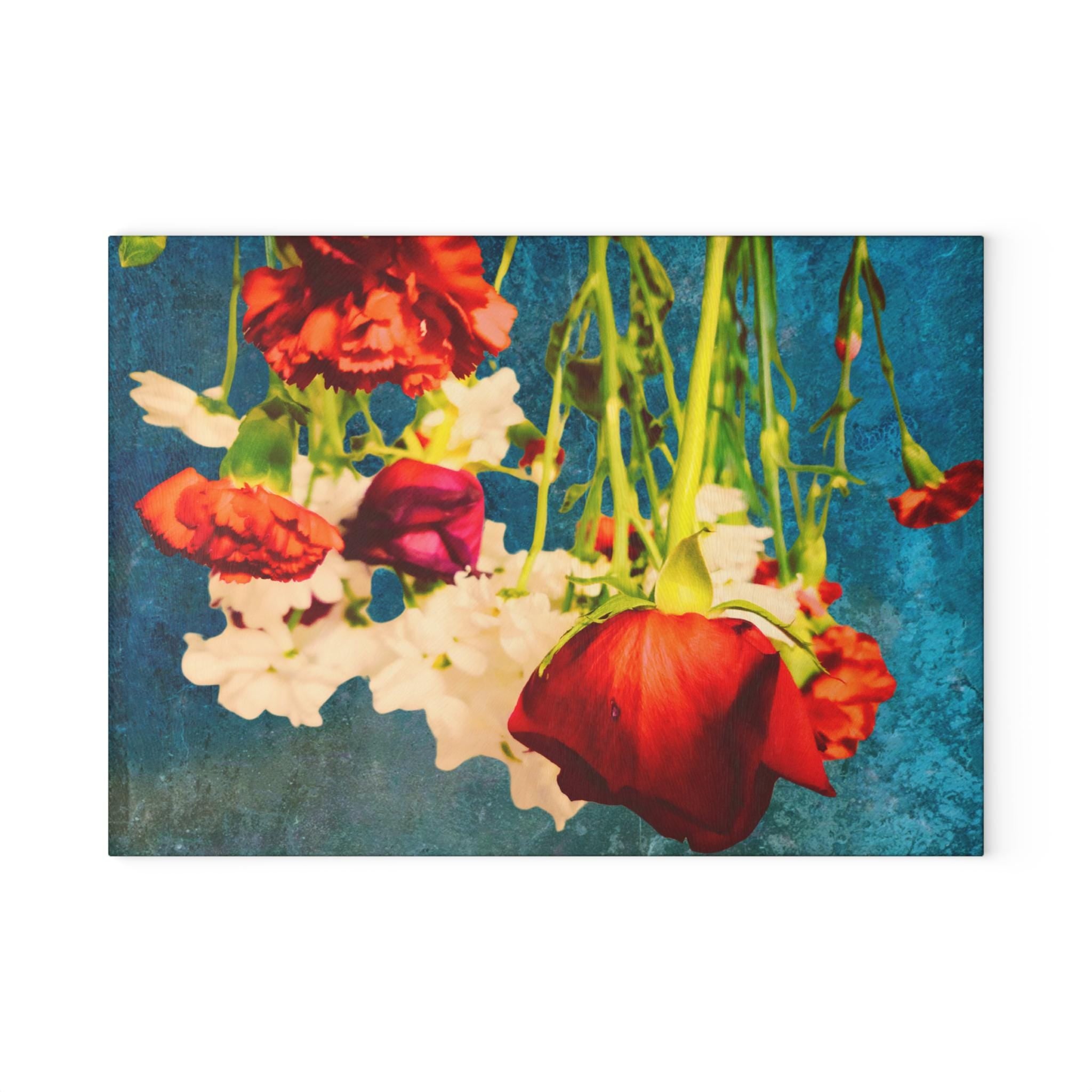 Botanical Glass Cutting Board Kitchen Art, Bold Floral Chopping Block, Retro Foodie Gift