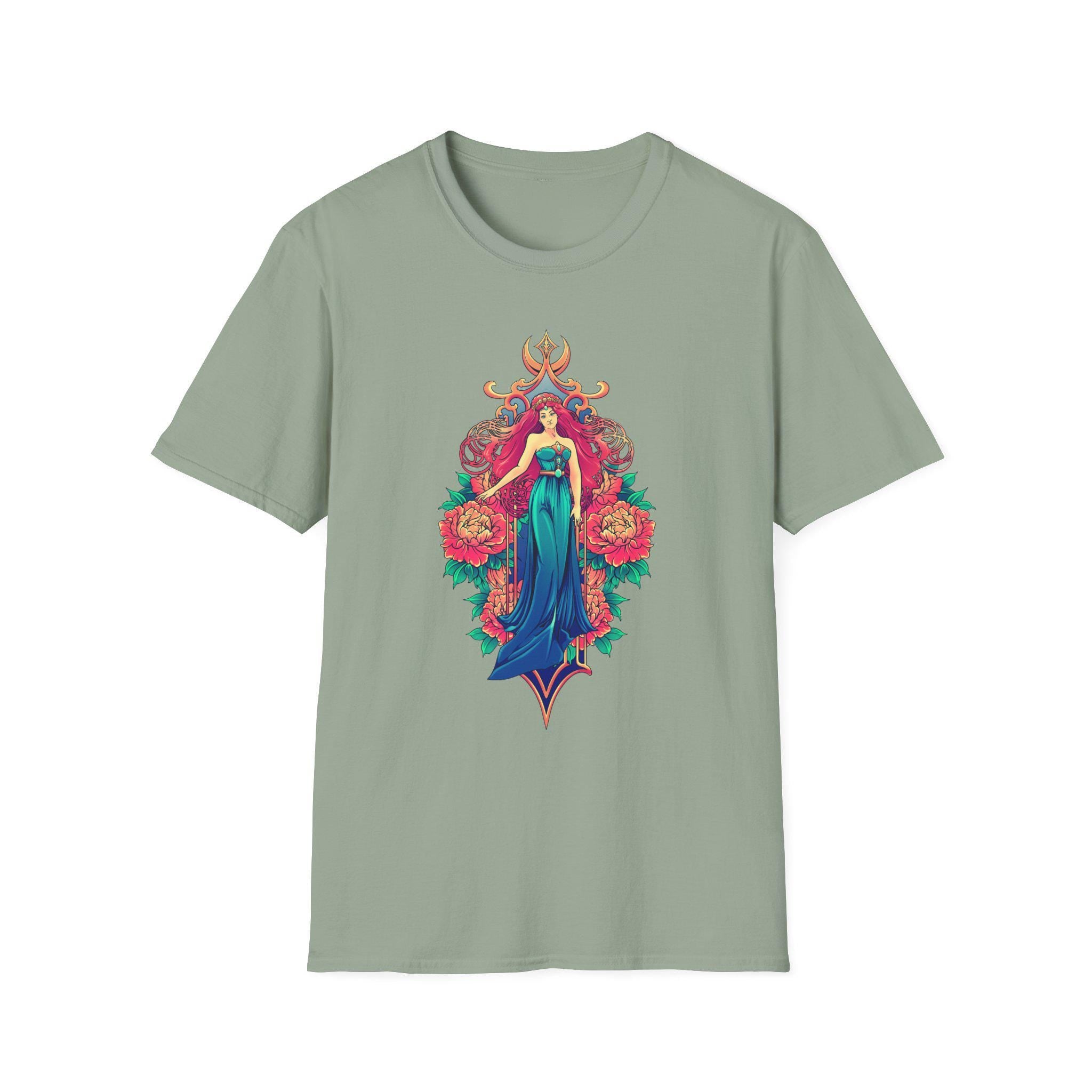 Moonlit Maiden Shirt Art Nouveau Graphic Tee Sage Green Goddess Shirt Fantasy Floral Shirt Witchy Woman Gift Boho Mystic Aesthetic