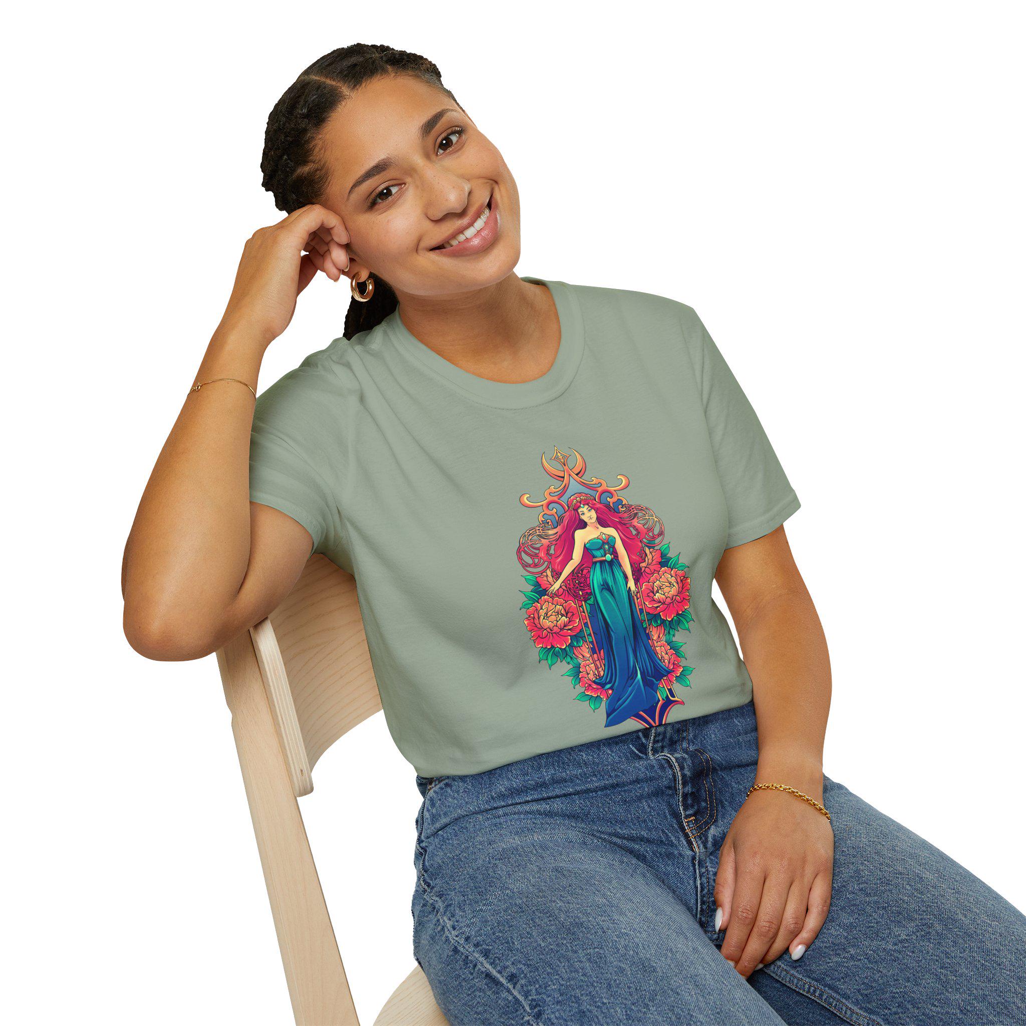 Moonlit Maiden Shirt Art Nouveau Graphic Tee Sage Green Goddess Shirt Fantasy Floral Shirt Witchy Woman Gift Boho Mystic Aesthetic
