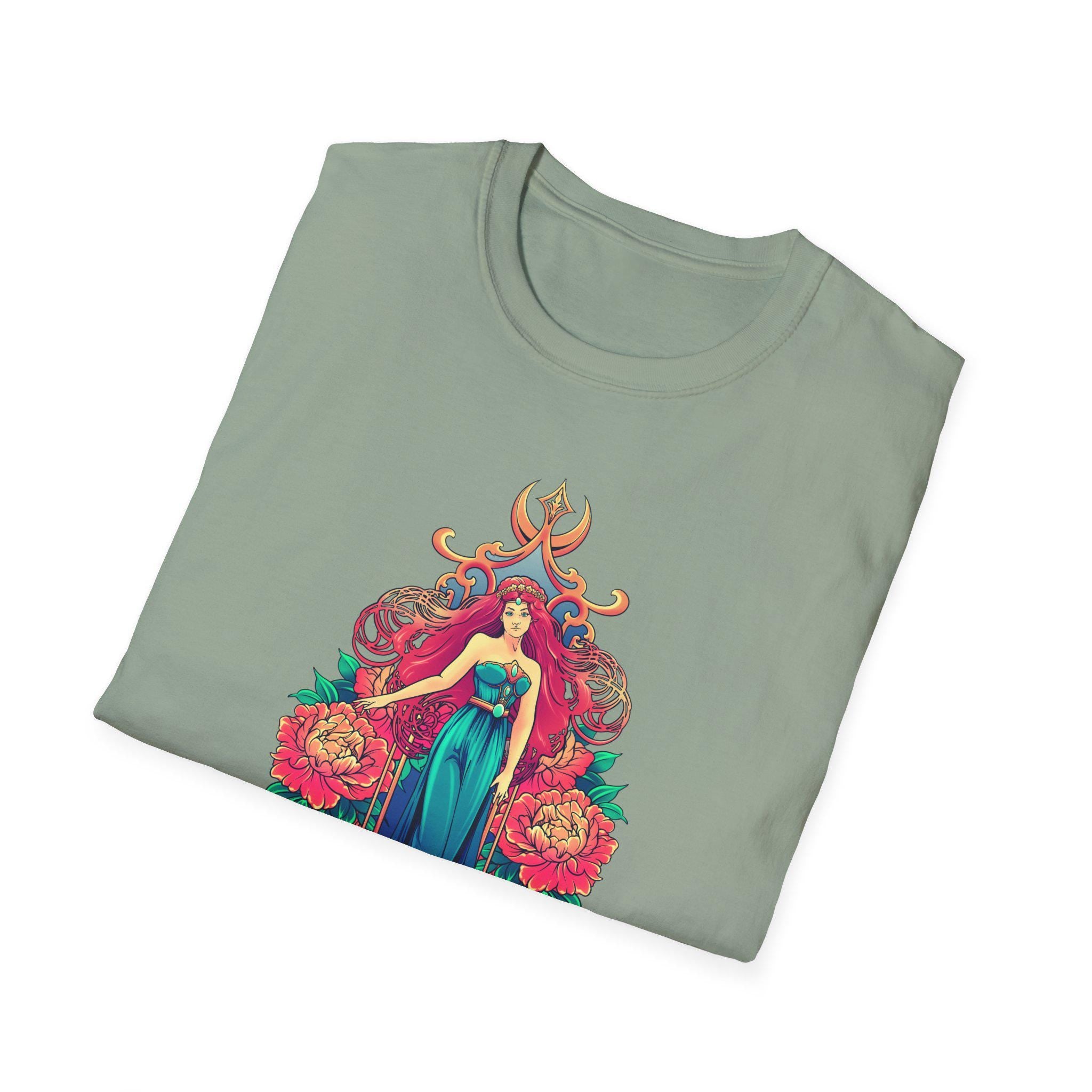 Moonlit Maiden Shirt Art Nouveau Graphic Tee Sage Green Goddess Shirt Fantasy Floral Shirt Witchy Woman Gift Boho Mystic Aesthetic
