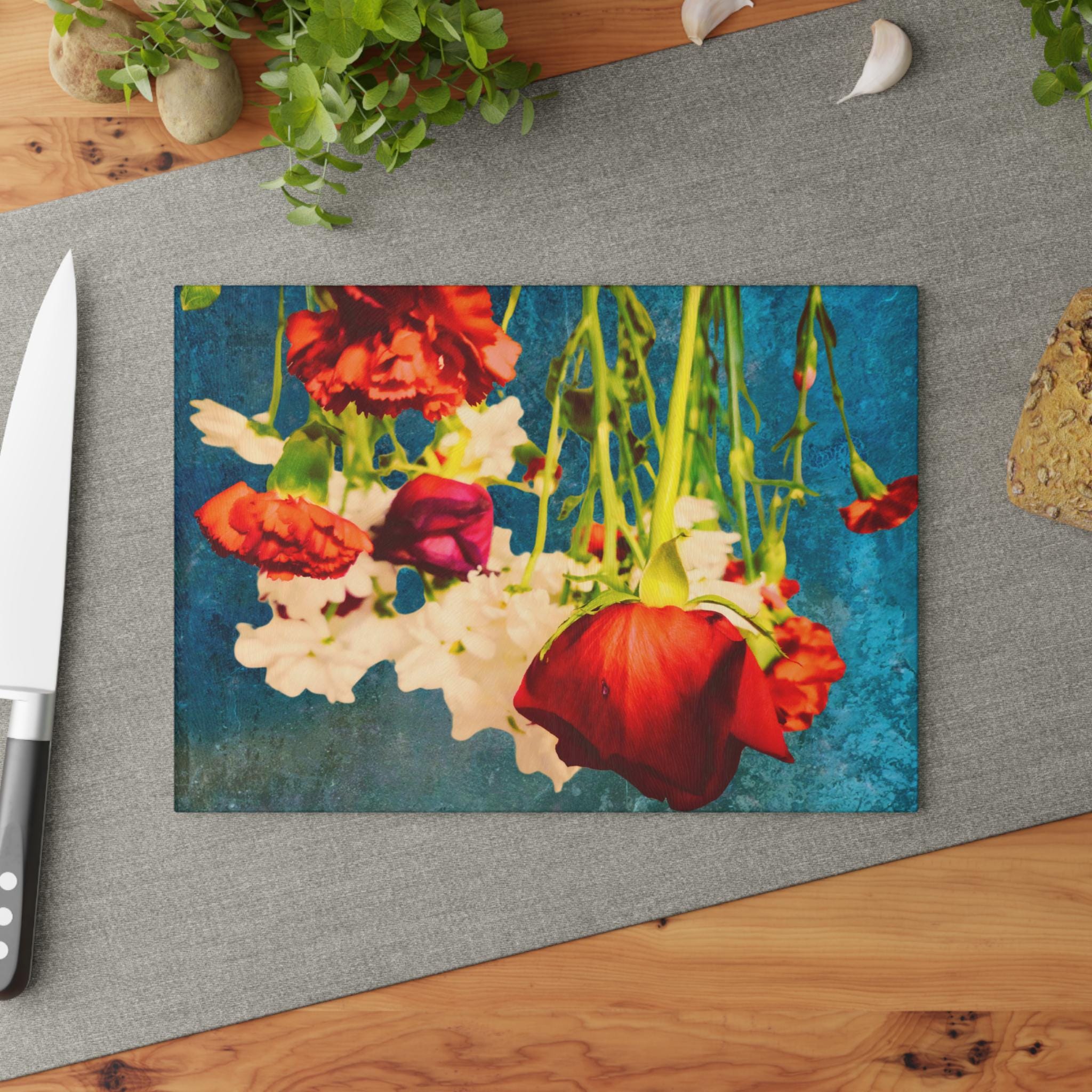 Botanical Glass Cutting Board Kitchen Art, Bold Floral Chopping Block, Retro Foodie Gift